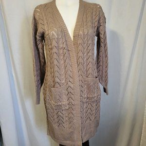 Pink Rose Open Knit Brown Long Cardigan Size Small Pockets NWOT